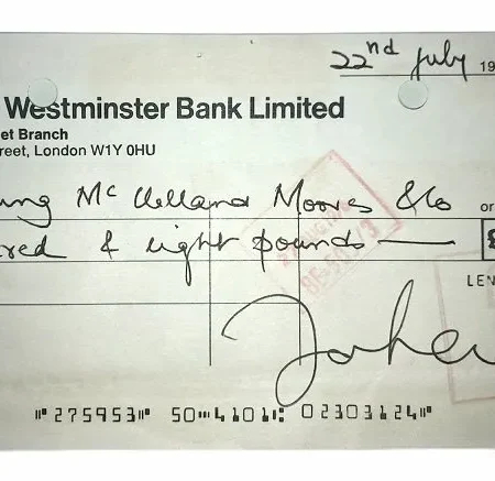 John Lennon autograph The Beatles signed Check / Cheque